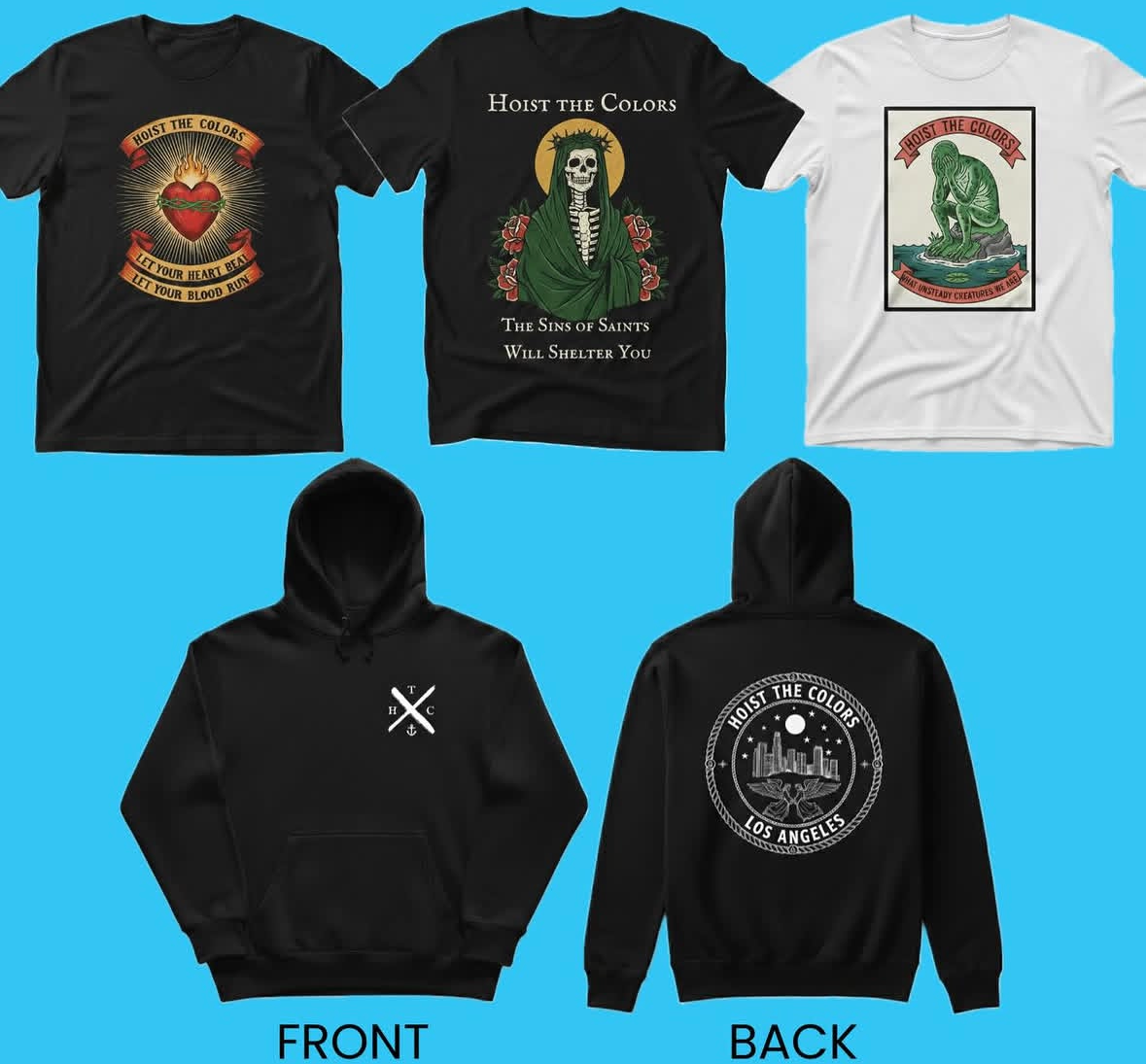 Custom printed t-shirts and a front-and-back printed hoodie from a CC Print apparel drop
