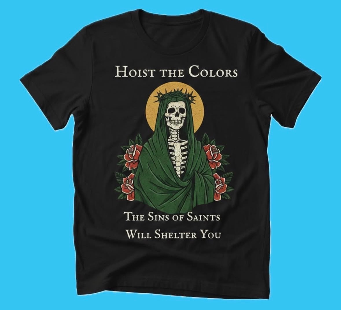 Black t-shirt with a full-color screen-printed apparel brand graphic