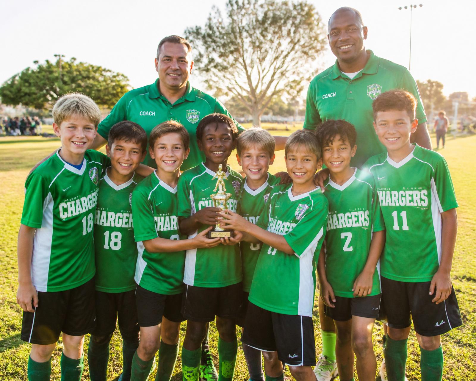 Long Beach youth soccer team holding a trophy in custom CC Print jerseys